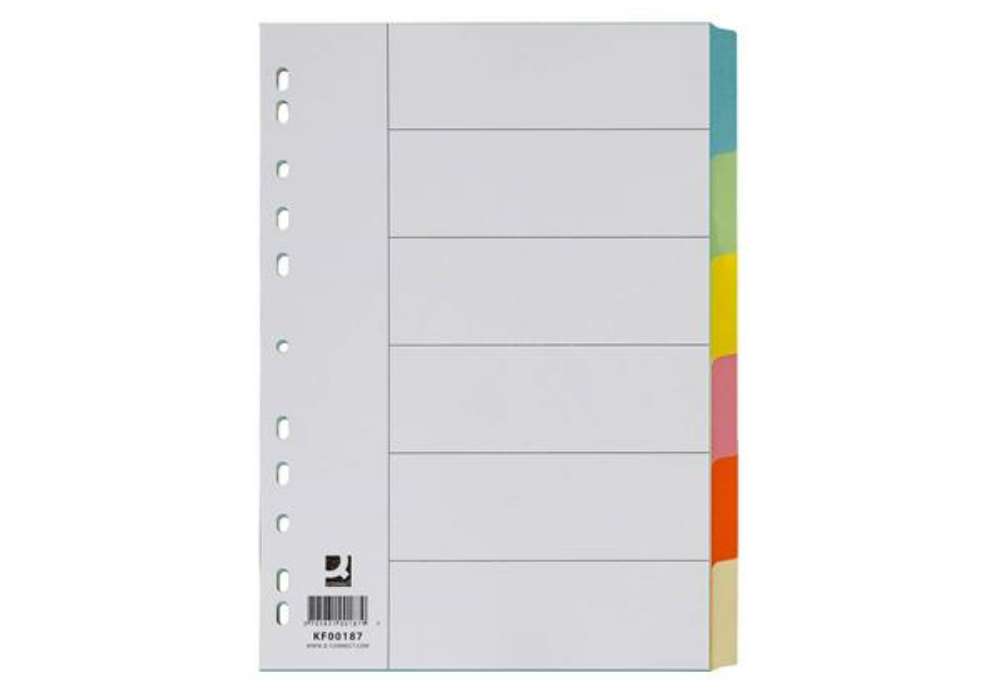 Immagine di Divisori colorati Q-Connect con indice scrivibile formato A4 in cartoncino manilla - 6 fogli - KF001