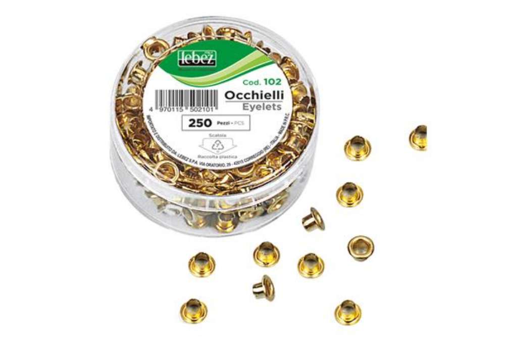 Immagine di Occhielli ottonati - per occhiellatrice - diametro 5 mm - oro - Lebez - conf. 250 pezzi