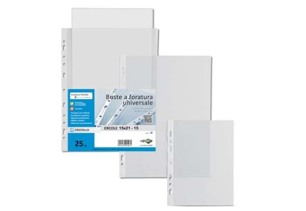 Immagine di Buste forate Ercole - PVC liscio - 15 x 21 cm - trasparente - Sei Rota - conf. 25 pezzi