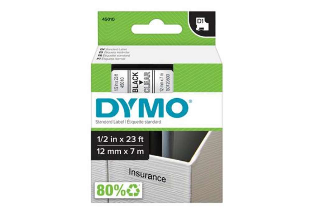 Immagine di Nastro D1 standard 450100 - 12 mm x 7 mt - PL - nero/trasparente - Dymo