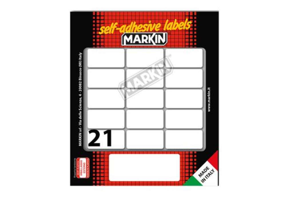 Immagine di Etichette adesive - in carta - permanenti - 37 x 19 mm - 21 et/fg - 10 fogli - bianco - Markin