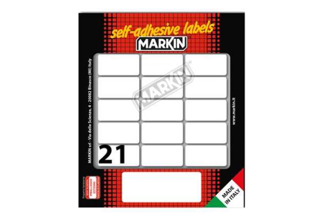 Immagine di Etichette adesive - in carta - permanenti - 37 x 19 mm - 21 et/fg - 10 fogli - bianco - Markin