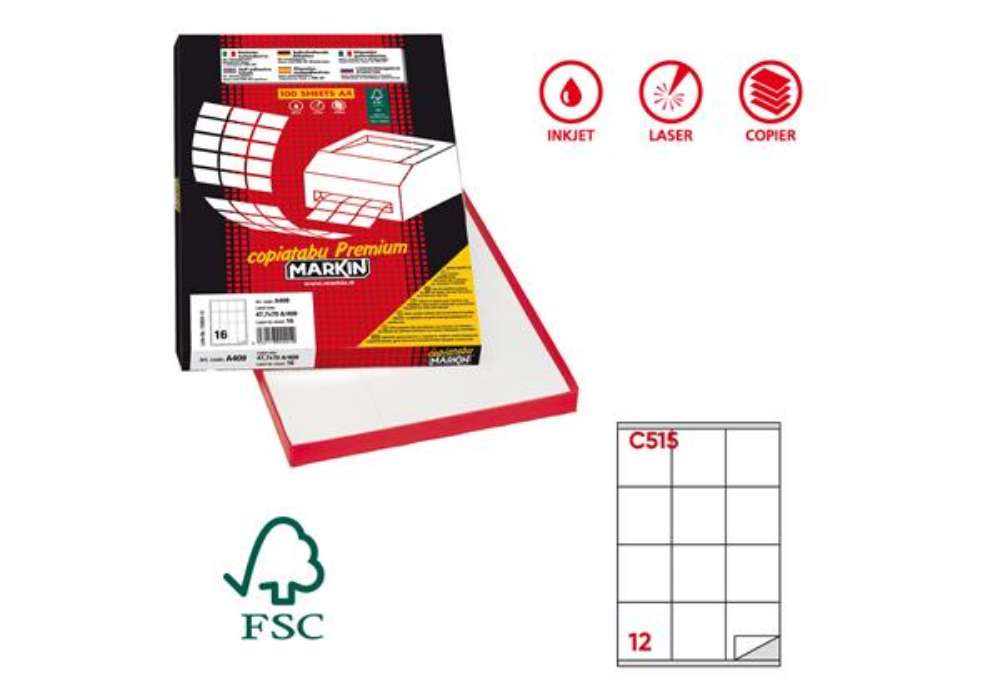 Immagine di Etichette adesive C/515 - in carta - permanenti - 70 x 72 mm - 12 et/fg - 100 fogli - bianco - Marki