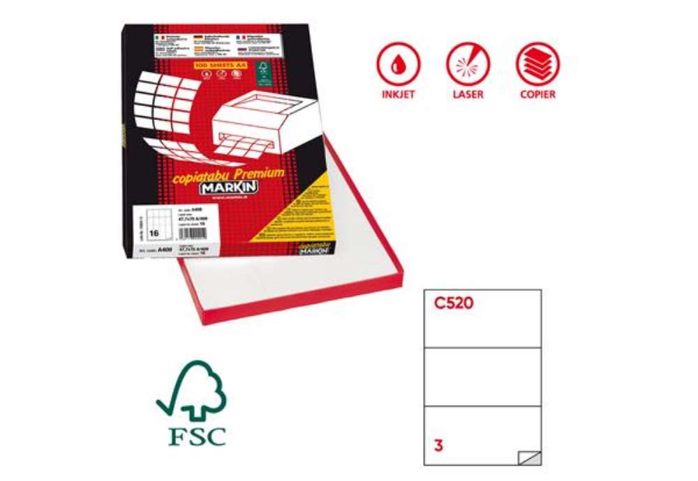 Immagine di Etichette adesive C/520 - in carta - permanenti - 210 x 99 mm - 3 et/fg - 100 fogli - bianco - Marki