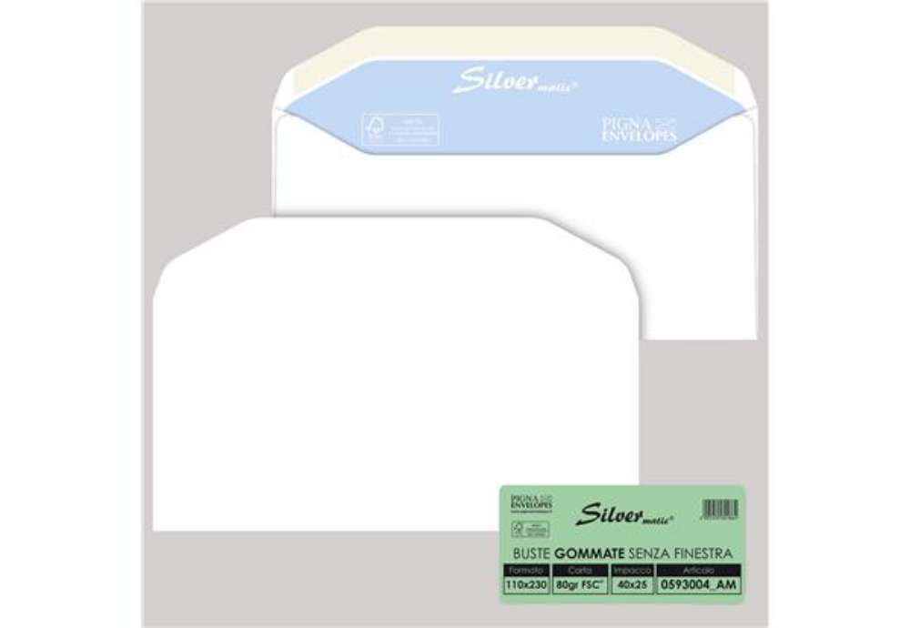 Immagine di Busta Busta Silver Matic FSC - senza finestra - gommata - 11 x 23 cm - 80 gr -  bianco - Pigna Envel