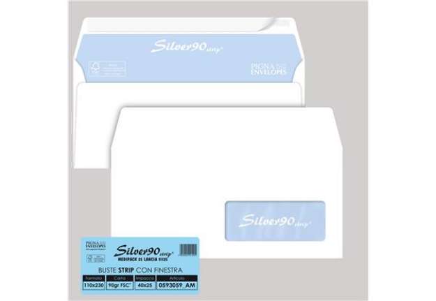 Immagine di Busta SILVER90 STRIP FSC - bianca - internografata - con finestra - 110 x 230 mm - 90 gr - Pigna Env