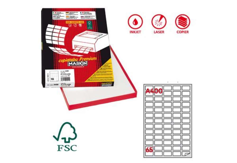 Immagine di Etichette adesive A/400 - in carta - permanenti - 38,1 x 21,2 mm - 65 et/fg - 100 fogli - bianco - a