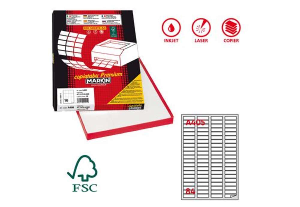 Immagine di Etichette adesive A/405 - in carta - permanenti - 46 x 11,1 mm - 84 et/fg - 100 fogli - bianco - ang