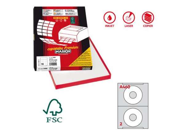 Immagine di Etichette adesive A/460 - in carta - permanenti - diametro CD 114,5 mm - foro 41 mm - 2 et/fg - 100