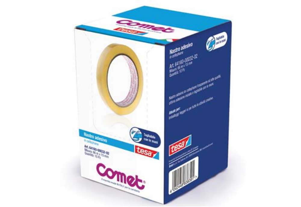 Immagine di Nastro adesivo - confezionato singolarmente - 15 mm x 66 m - cellophane - trasparente - Comet