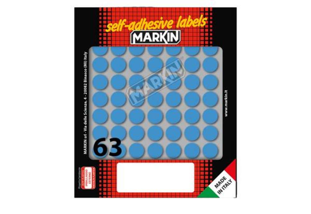 Immagine di Etichette adesive tonde - in carta - permanenti - diametro 14 mm - 63 et/fg - 10 fogli - blu - Marki