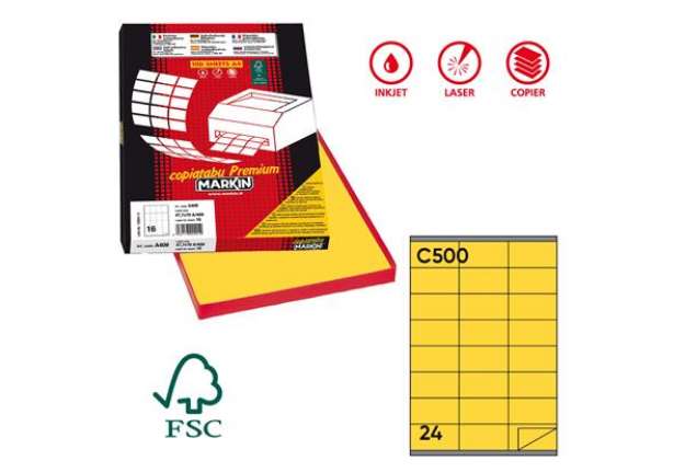 Immagine di Etichette adesive C/500 - in carta - permanenti - 70 x 36 mm - 24 et/fg - 100 fogli - giallo - Marki