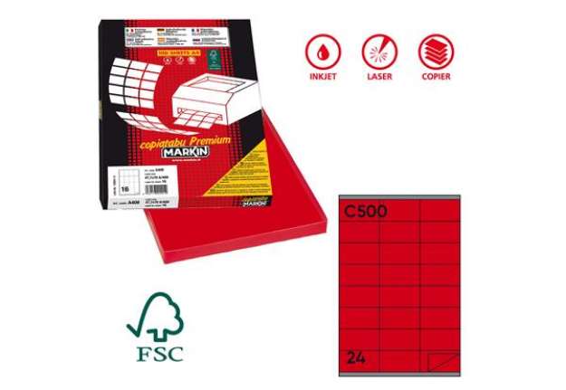 Immagine di Etichette adesive C/500 - in carta - permanenti - 70 x 36 mm - 24 et/fg - 100 fogli - rosso - Markin