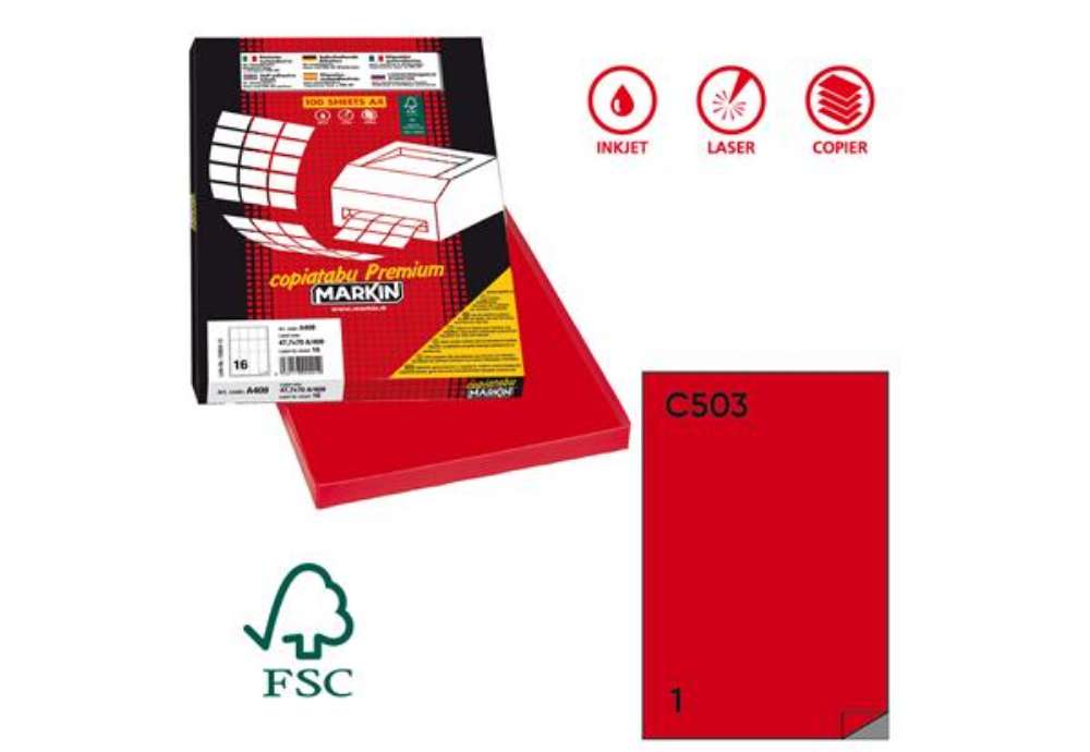 Immagine di Etichette adesive C/503 - in carta - permanenti - 210 x 297 mm - 1 et/fg - 100 fogli - rosso - Marki