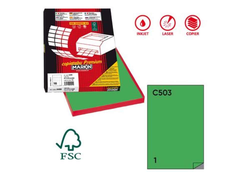 Immagine di Etichette adesive C/503 - in carta - permanenti - 210 x 297 mm - 1 et/fg - 100 fogli - verde - Marki
