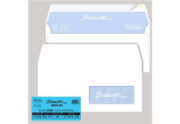 Immagine di Busta Silver90 Strip FSC - con finestra - internografata - 11 x 23 cm - 90 gr - bianco - Pigna Envel