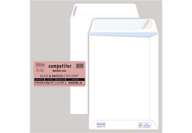 Immagine di Busta a sacco Competitor FSC - strip adesivo - 19 x 26 cm - 80 gr - bianco - Pigna Envelopes - conf.