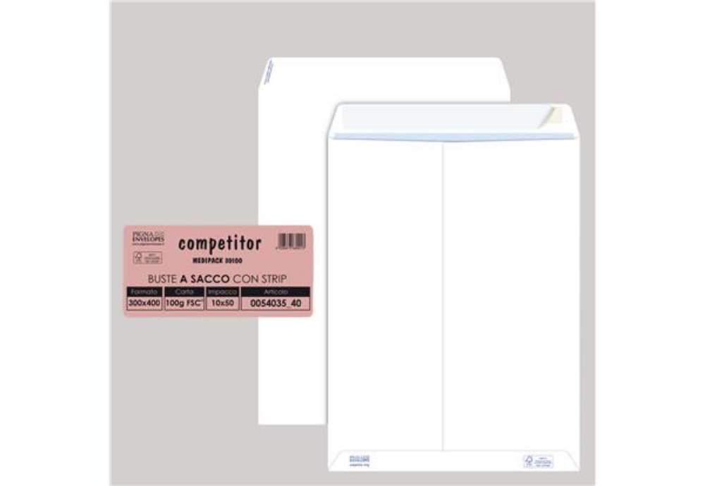 Immagine di Busta a sacco Competitor FSC - strip adesivo - 30 x 40 cm - 80 gr - bianco - Pigna Envelopes - conf.