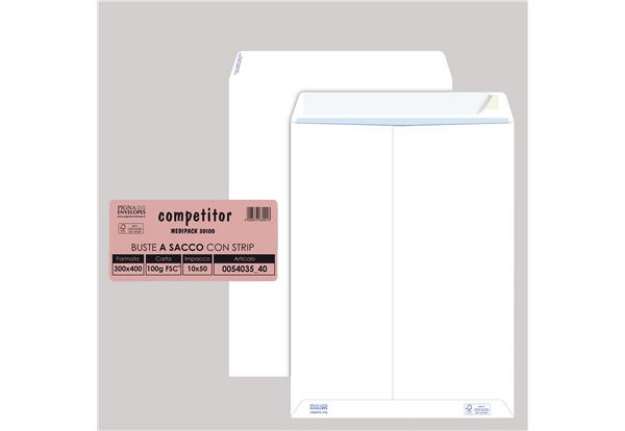 Immagine di Busta a sacco Competitor FSC - strip adesivo - 30 x 40 cm - 80 gr - bianco - Pigna Envelopes - conf.