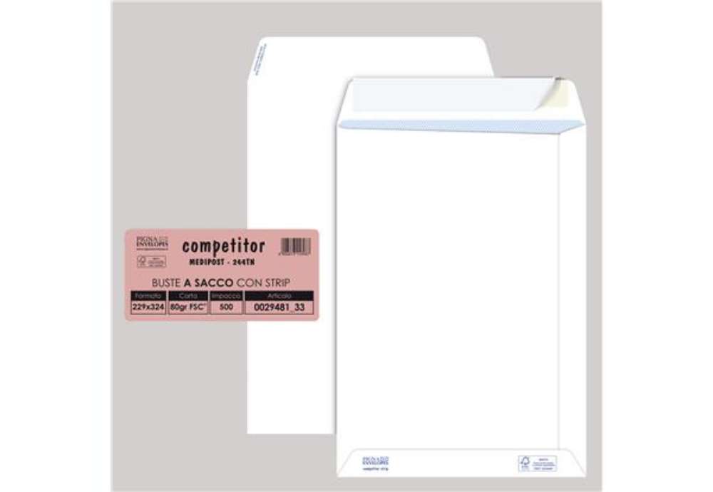 Immagine di Busta a sacco Competitor FSC - strip adesivo - 23 x 33 cm - 80 gr - bianco - Pigna Envelopes - conf.