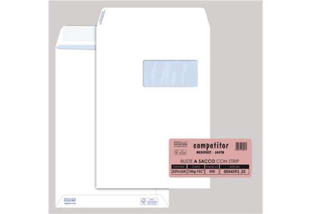 Immagine di Busta a sacco Competitor FSC - strip adesivo - con finestra - 23 x 33 cm - 100 gr - bianco - Pigna E