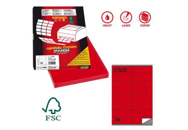 Immagine di Etichette adesive C/501 - in carta - permanenti - 105 x 36 mm - 16 et/fg - 100 fogli - rosso - Marki