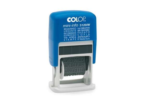 Immagine di Timbro Mini Info S120/W Polinomio - 12 diciture 4 mm - autoinchiostrante - Colop