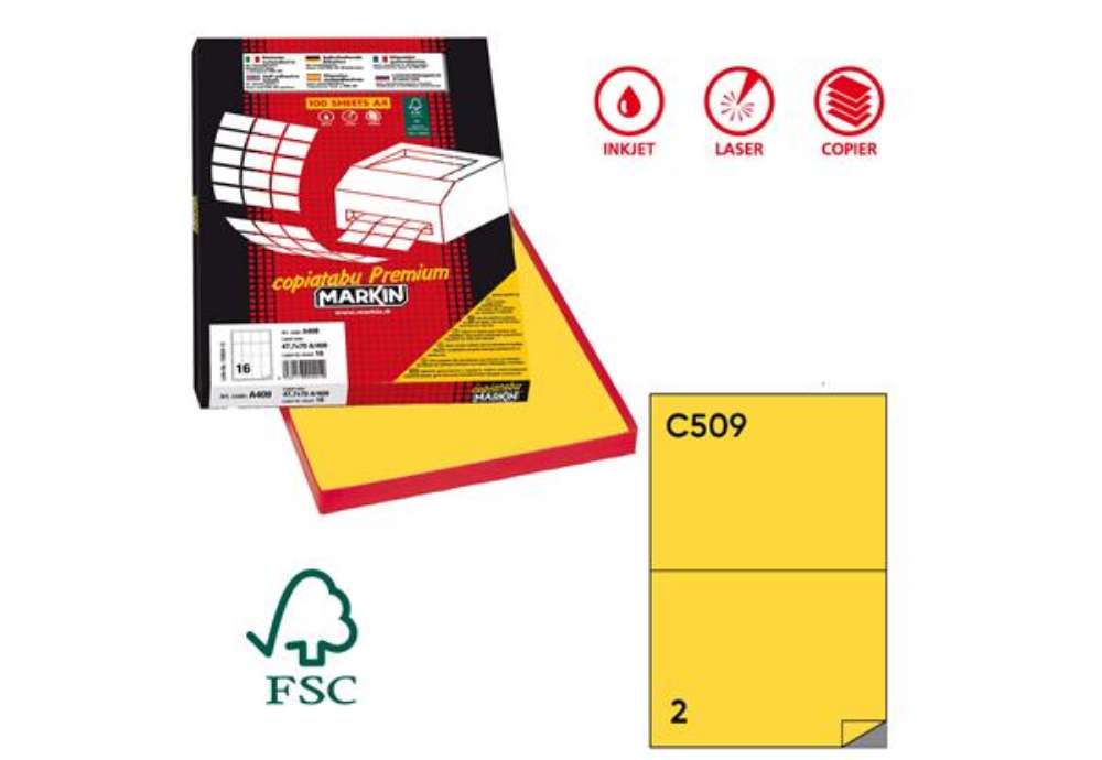 Immagine di Etichette adesive C/509 - in carta - permanenti - 210 x 148,5 mm - 2 et/fg - 100 fogli - giallo - Ma