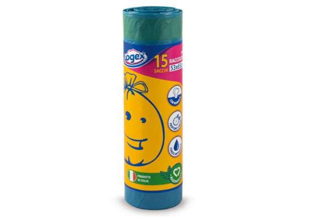 Immagine di Sacchi per immondizia con maniglie - 53 x 65 cm - 40 L - 25 micron - blu - Logex Professional - roto