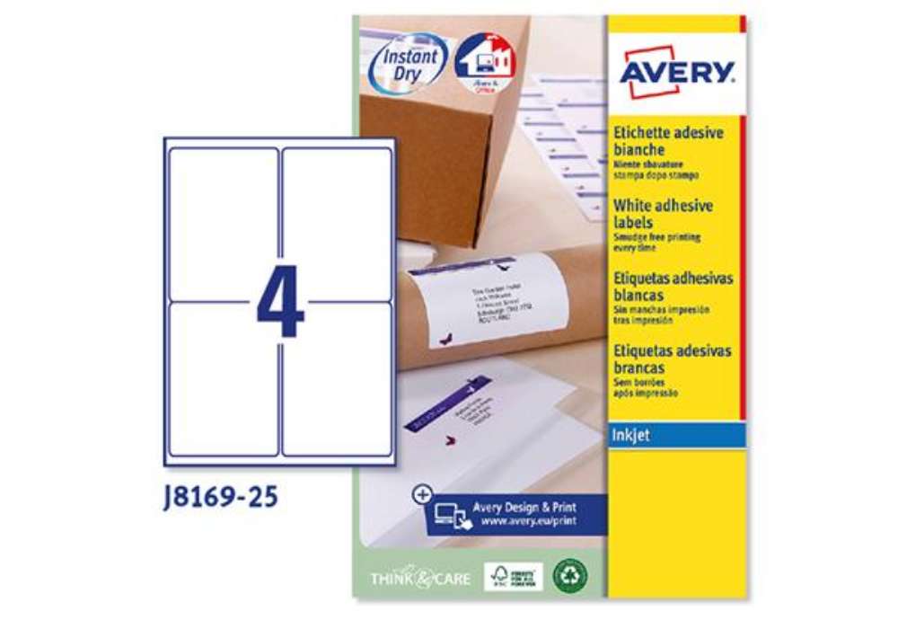Immagine di Etichette adesive J8169 - in carta - angoli arrotondati - inkjet - permanenti - 99,1 x 139 mm - 4 et