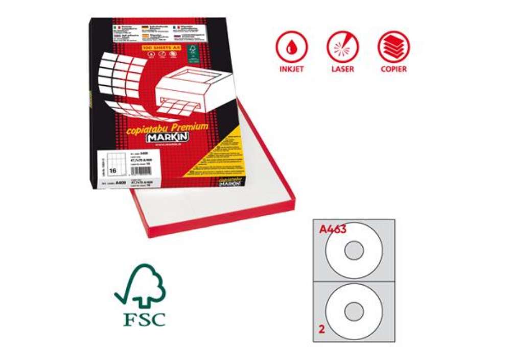 Immagine di Etichette adesive A/463 - in carta - permanenti - diametro CD 117,5 mm - foro 41 mm - 2 et/fg - 100