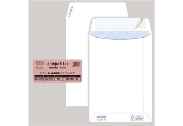 Immagine di Busta a sacco Competitor FSC - strip adesivo - 16 x 23 cm - 80 gr - bianco - Pigna Envelopes - conf.