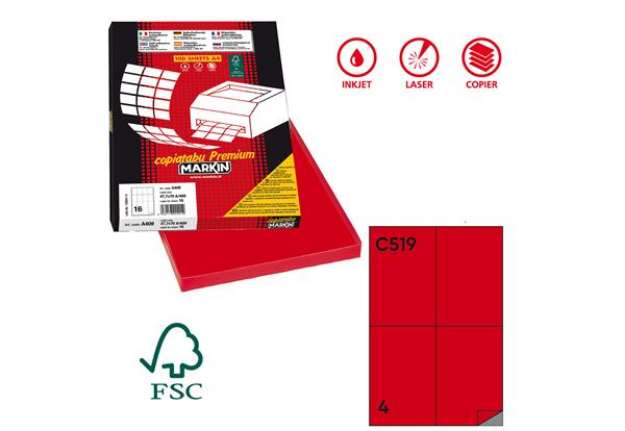 Immagine di Etichette adesive C/519 - in carta - permanenti - 105 x 148,5 mm - 4 et/fg - 100 fogli - rosso - Mar