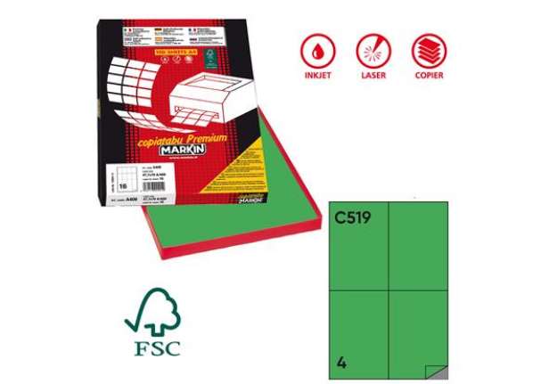 Immagine di Etichette adesive C/519 - in carta - permanenti - 105 x 148,5 mm - 4 et/fg - 100 fogli - verde - Mar