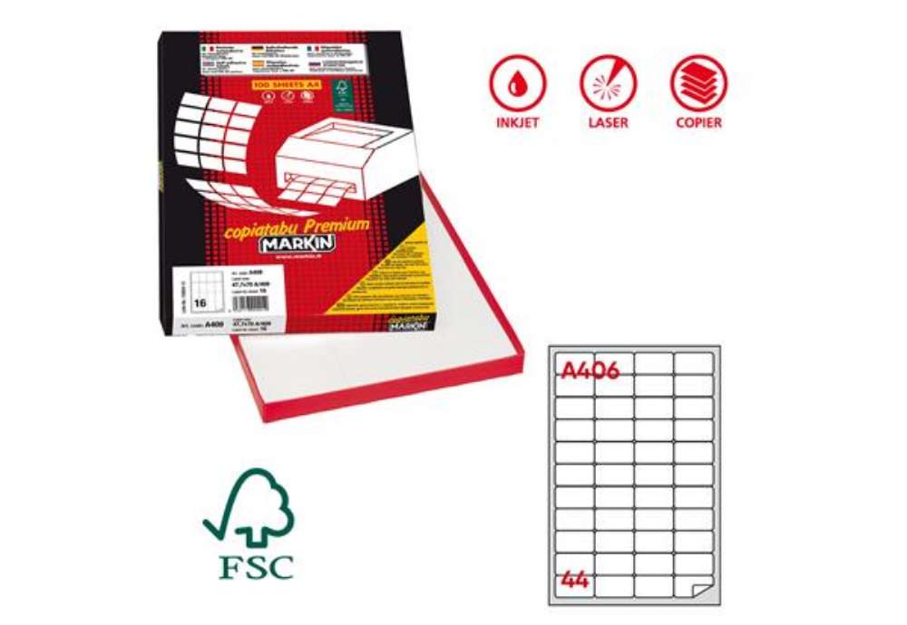 Immagine di Etichette adesive A/406 - in carta - permanenti - 47,5 x 25,5 mm - 44 et/fg - 100 fogli - bianco - a