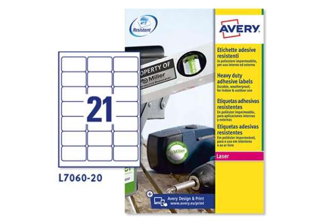 Immagine di Etichette adesive L7060 - in poliestere - laser - permanenti - 63,5 x 38,1 mm - 21 et/fg - 20 fogli