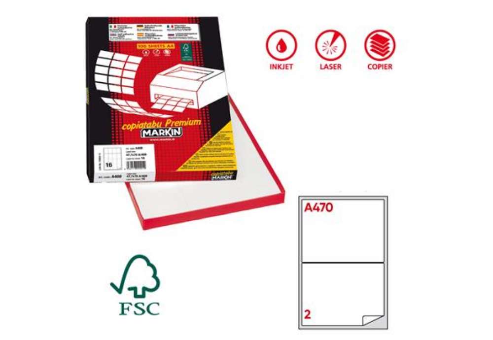 Immagine di Etichette adesive A/470 - in carta - permanenti - 199,6 x 143,5 mm - 2 et/fg - 100 fogli - bianco -