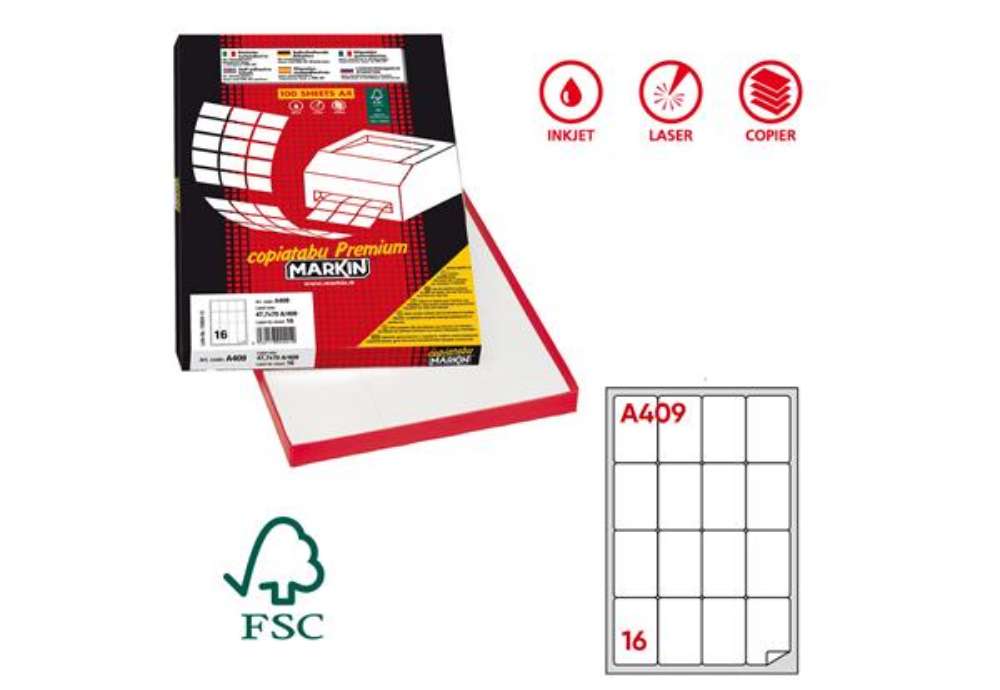 Immagine di Etichette adesive A/409 - in carta - permanenti - 47,7 x 70 mm - 16 et/fg - 100 fogli - bianco - ang