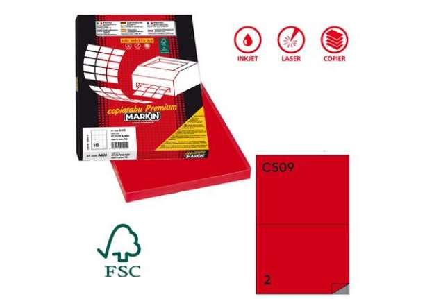 Immagine di Etichette adesive C/509 - in carta - permanenti - 210 x 148,5 mm - 2 et/fg - 100 fogli - rosso - Mar