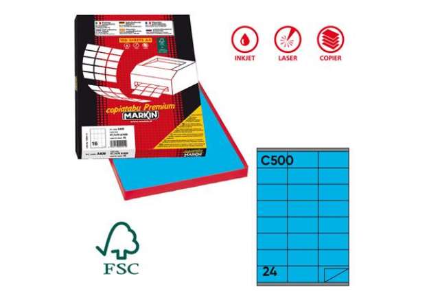Immagine di Etichette adesive C/500 - in carta - permanenti - 70 x 36 mm - 24 et/fg - 100 fogli - blu - Markin