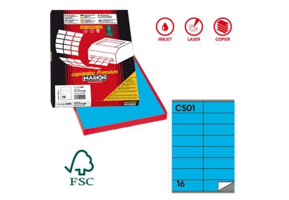 Immagine di Etichette adesive C/501 - in carta - permanenti - 105 x 36 mm - 16 et/fg - 100 fogli - blu - Markin