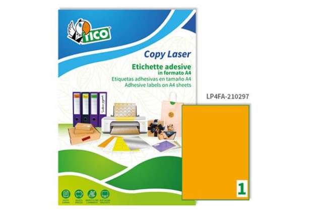 Immagine di Etichette adesive LP4F - in carta - permanenti - 210 x 297 mm - 1 et/fg - 70 fogli - arancio fluo -
