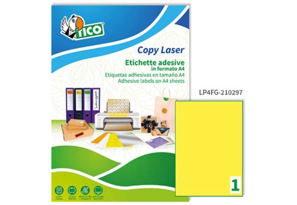 Immagine di Etichette adesive LP4F - in carta - permanenti - 210 x 297 mm - 1 et/fg - 70 fogli - giallo fluo - T