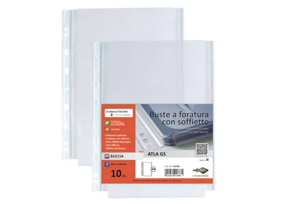 Immagine di Buste forate Atla GS - PP - 21 x 29,7 cm - c/soffietto - trasparente buccia - Sei Rota - conf. 10 pe
