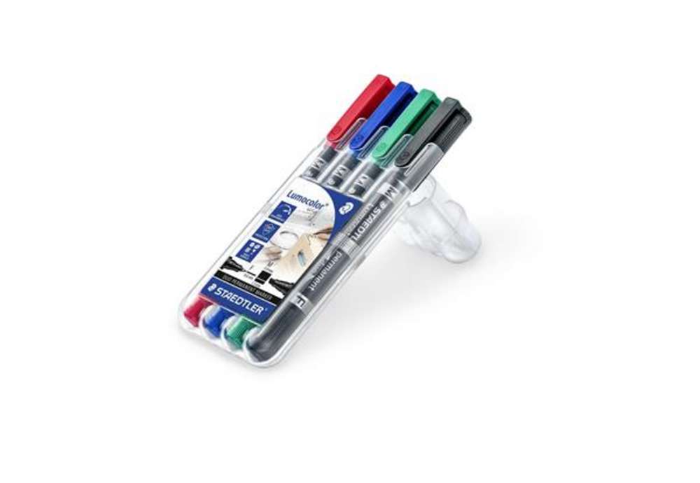 Immagine di Pennarello Lumocolor Permanent Duo 348 punta feltro - punta 0,6mm e 1,5mm - astuccio 4 colori - Stae
