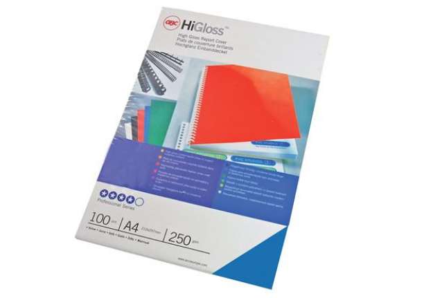 Immagine di Copertine HiGloss per rilegatura - A4 - cartoncino lucido - blu - 250 gr - GBC - conf. 100 pezzi