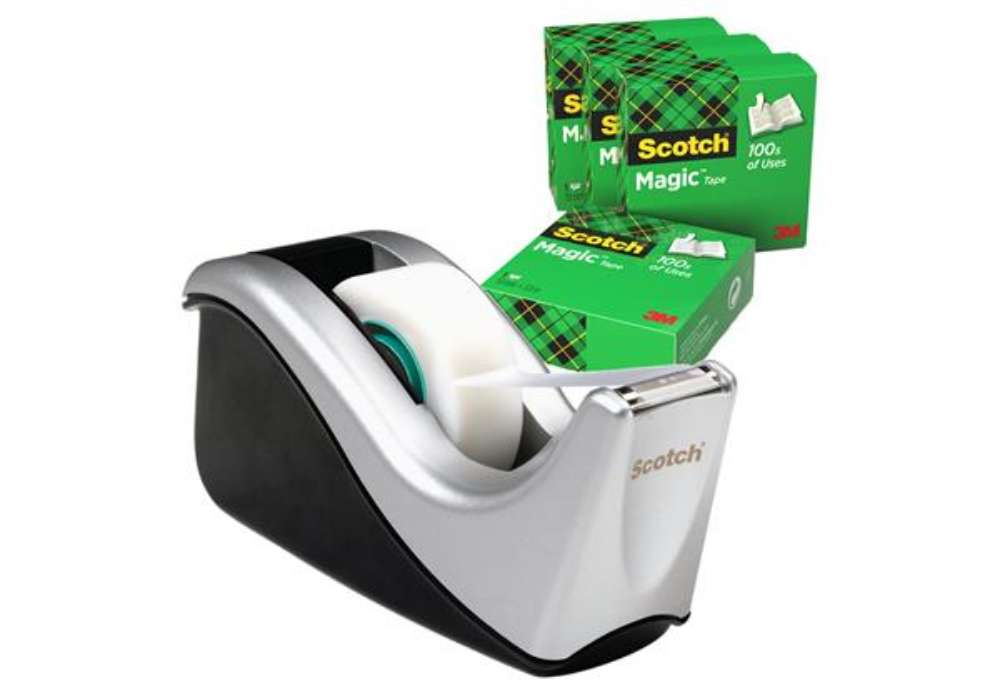 Immagine di Dispenser C60 - per nastri 33 m - 4 rotoli Scotch Magic 810 inclusi - nero/argento - Scotch
