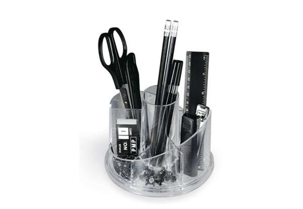 Immagine di Desk set girevole portatutto - plexiglass - 13 x 16 x 12 cm - accessori inclusi - trasparente - Lebe