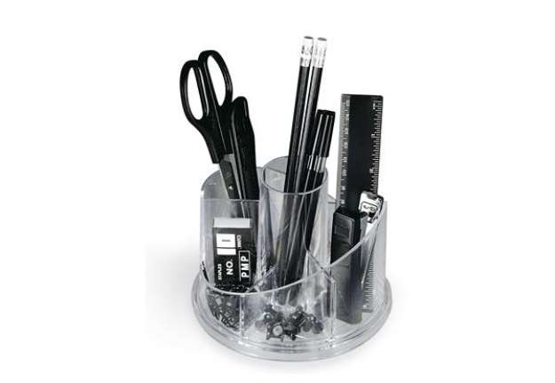 Immagine di Desk set girevole portatutto - plexiglass - 13x16x12 cm - accessori inclusi - trasparente - Lebez