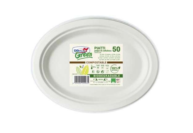 Immagine di Piatto piano monouso - ovale - 26 x 19,5 cm - cellulosa - bianco - Dopla Green - conf. 50 pezzi